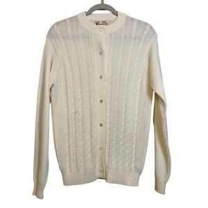 Vintage Vanguard Cream Cable Knit Cardigan Sweater Women White Acrylic Size 40